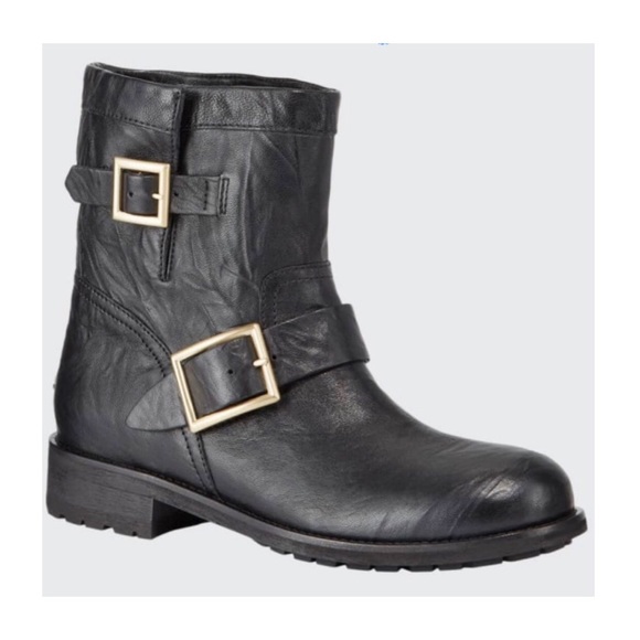 JIMMY CHOO Black Leather with Buckles Youth Biker Boots 38 - Picture 1 of 13